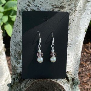 Womens drop pink crystal pearl earrings